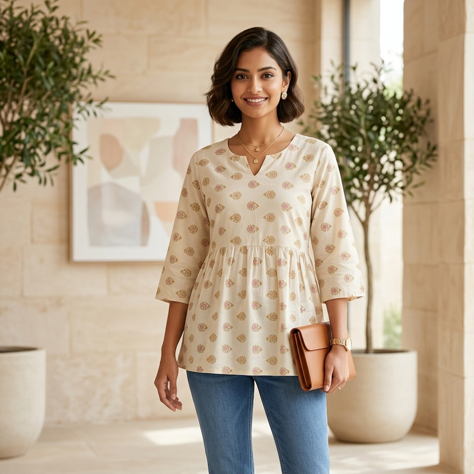 Beige Printed Peplum Top