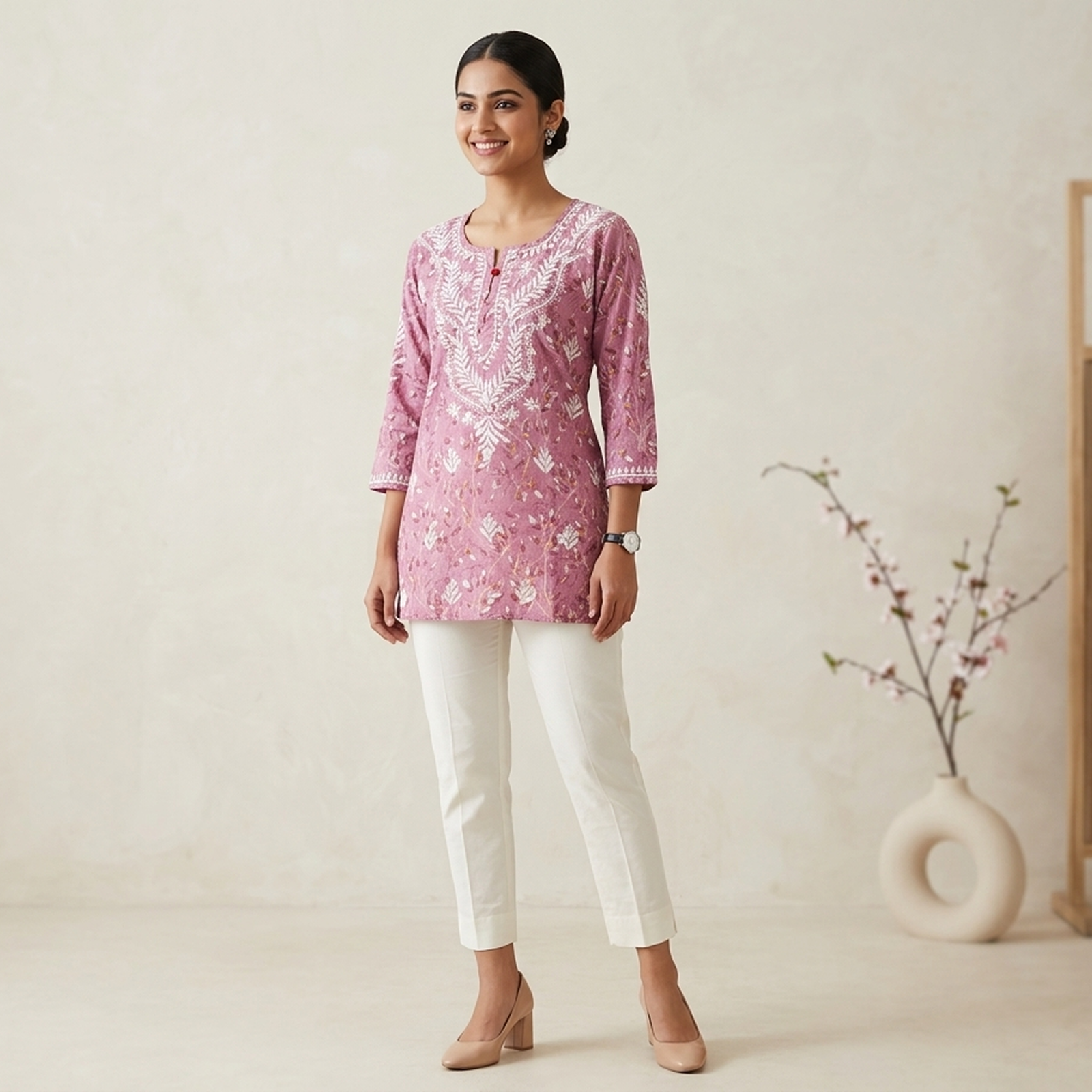 Mauve Embroidered Short Kurti