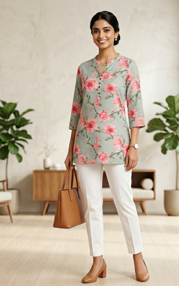 Mint Floral Cotton Kurti