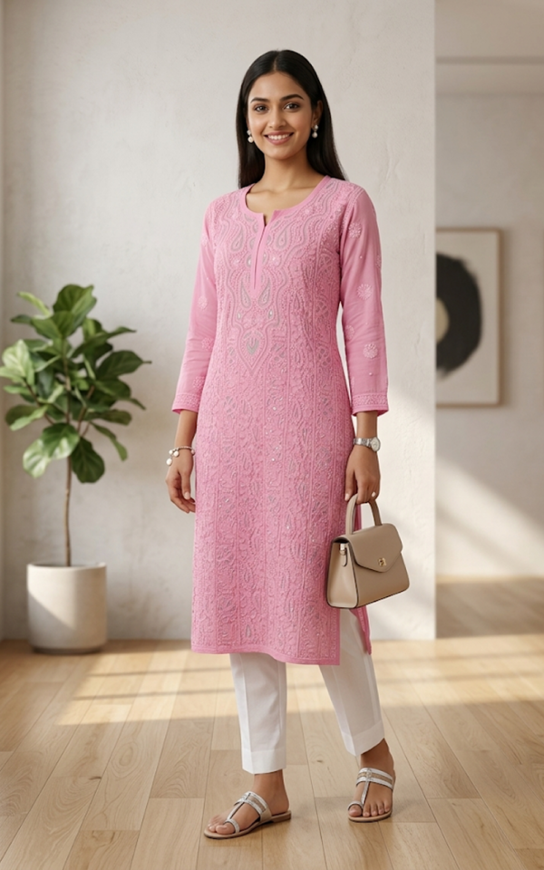 Pink Embroidered Georgette Kurti