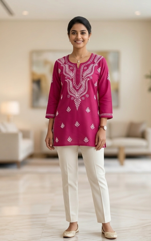 Magenta Chikankari Short Kurti