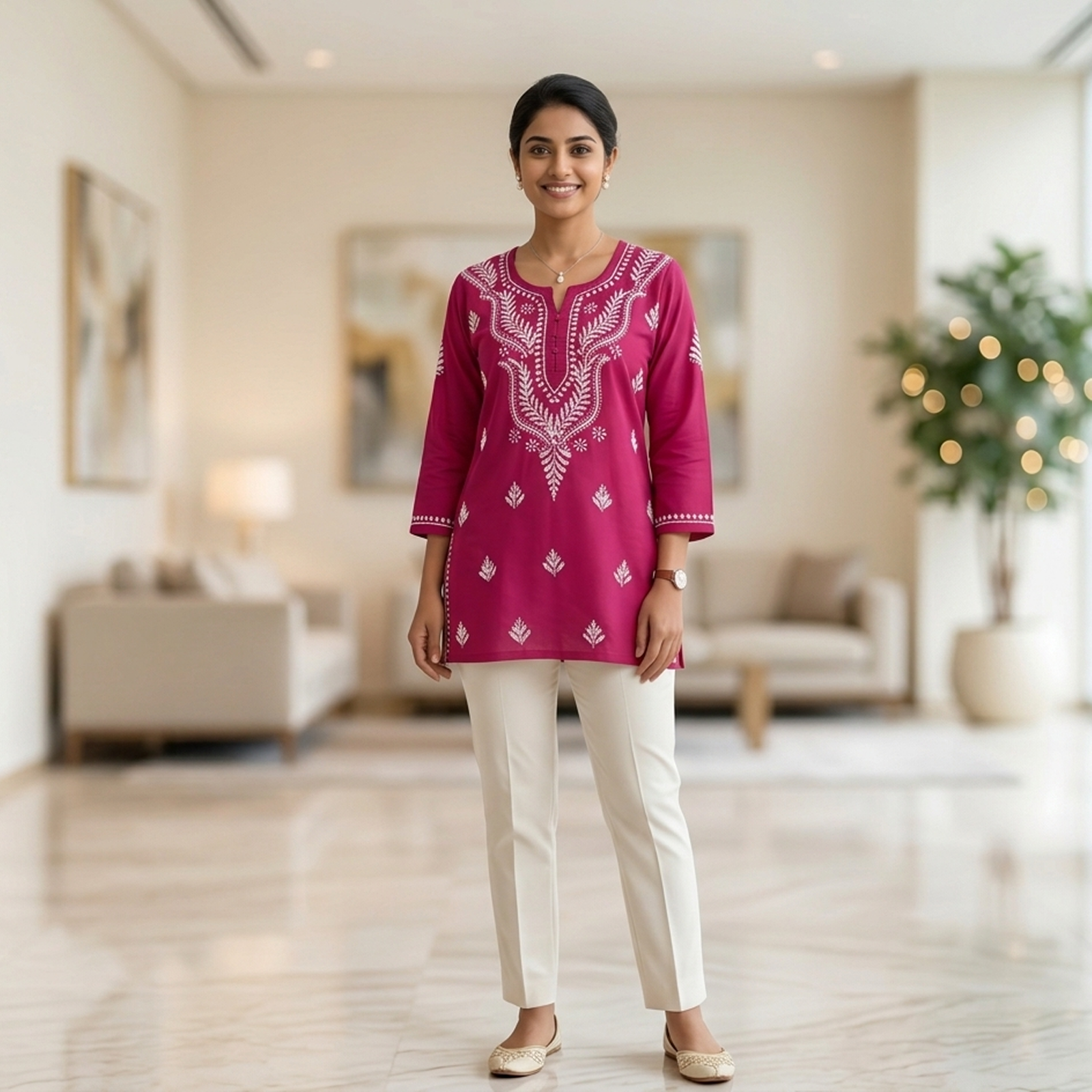 Magenta Chikankari Short Kurti