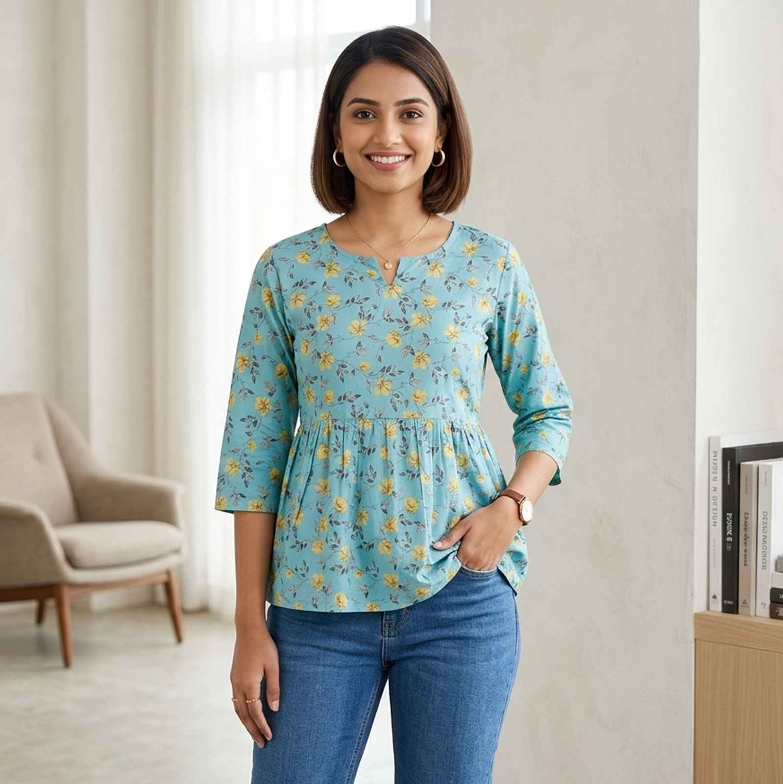 Teal Floral Peplum Top