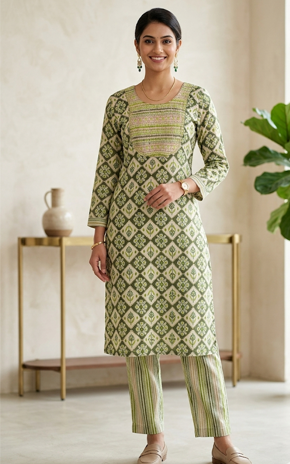 Green Geometric Kurti Set