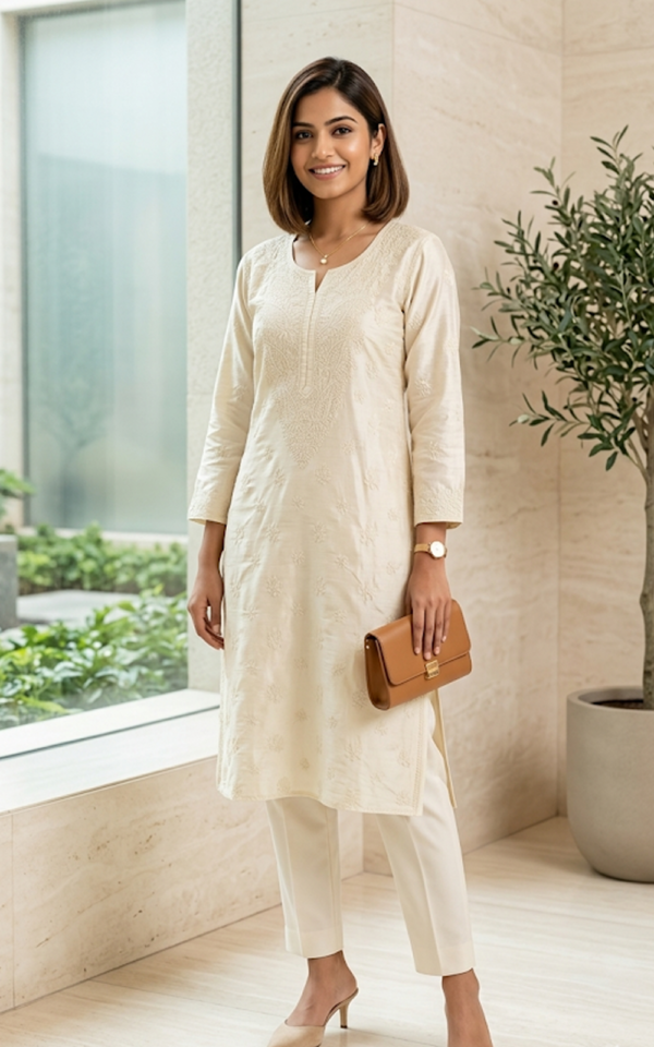 Embroidered Ivory Chanderi Kurti
