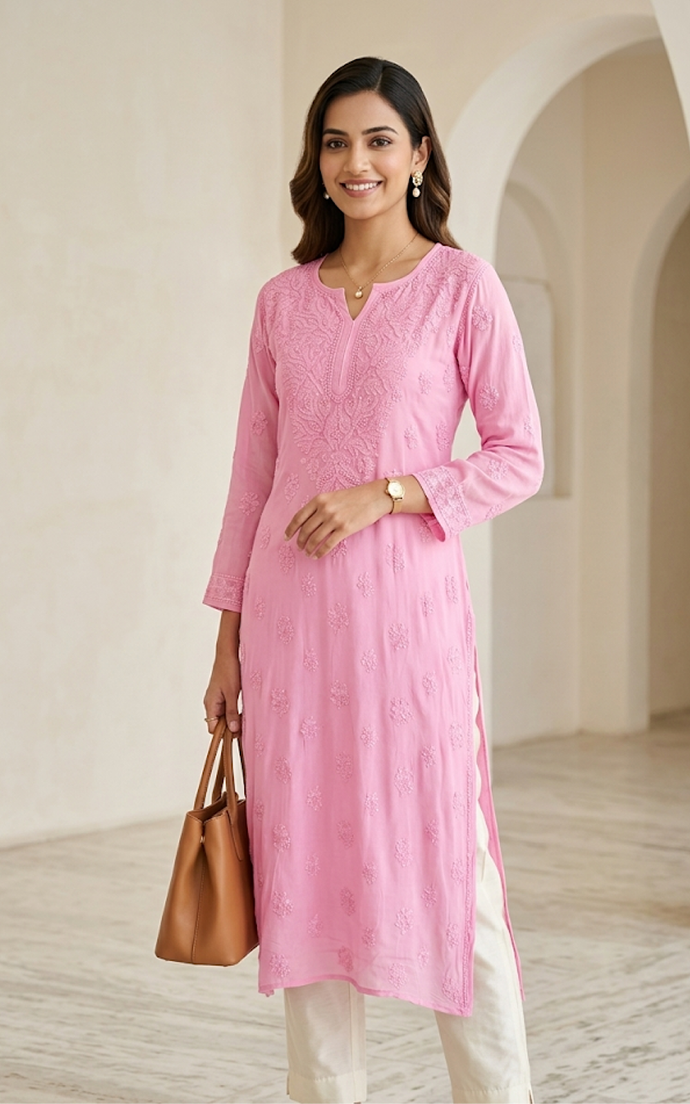 Embroidered Pink Georgette Kurti