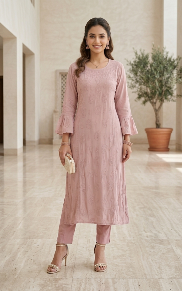 Embroidered Mauve Viscose Kurti