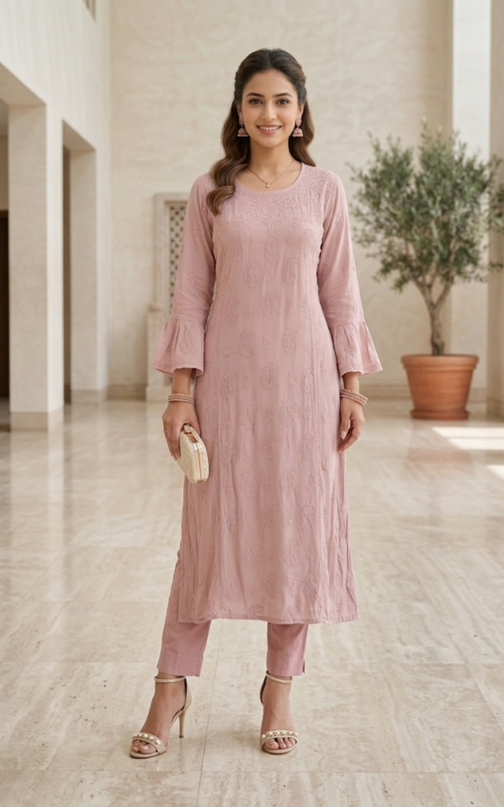 Embroidered Mauve Viscose Kurti