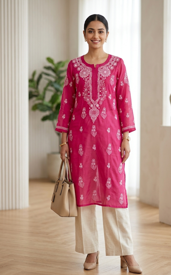 Pink Cotton Chikankari Kurti