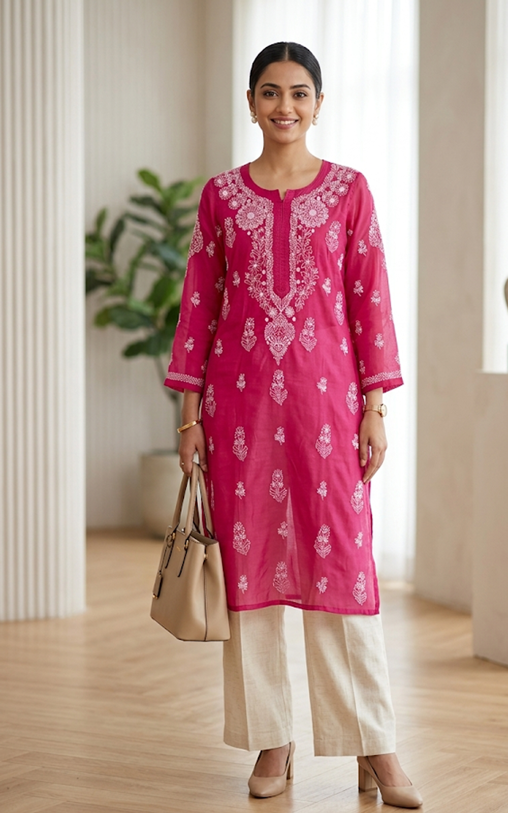 Pink Cotton Chikankari Kurti