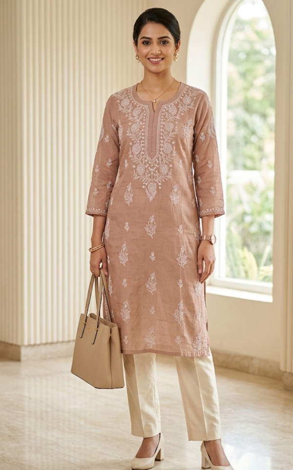 Beige Cotton Chikankari Kurti